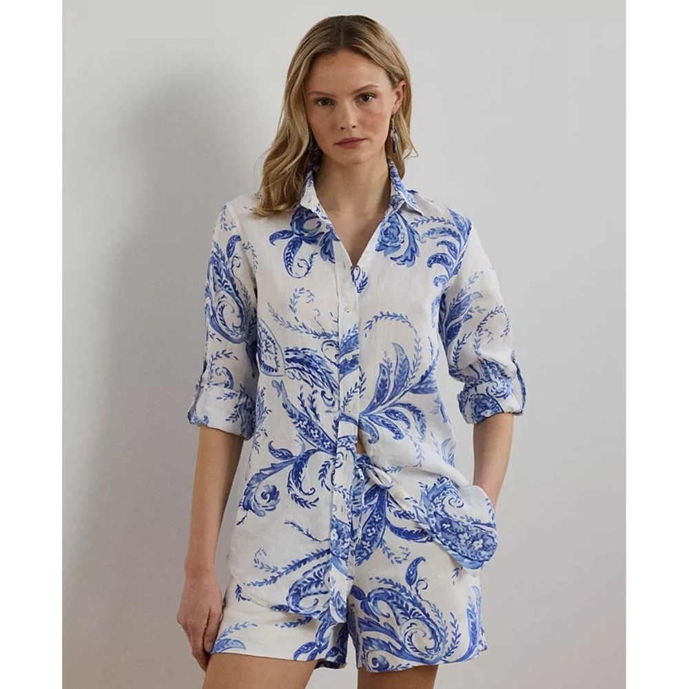 Lauren Ralph Lauren Button Down Shirt Womens XS White Blue Paisley Linen NWD